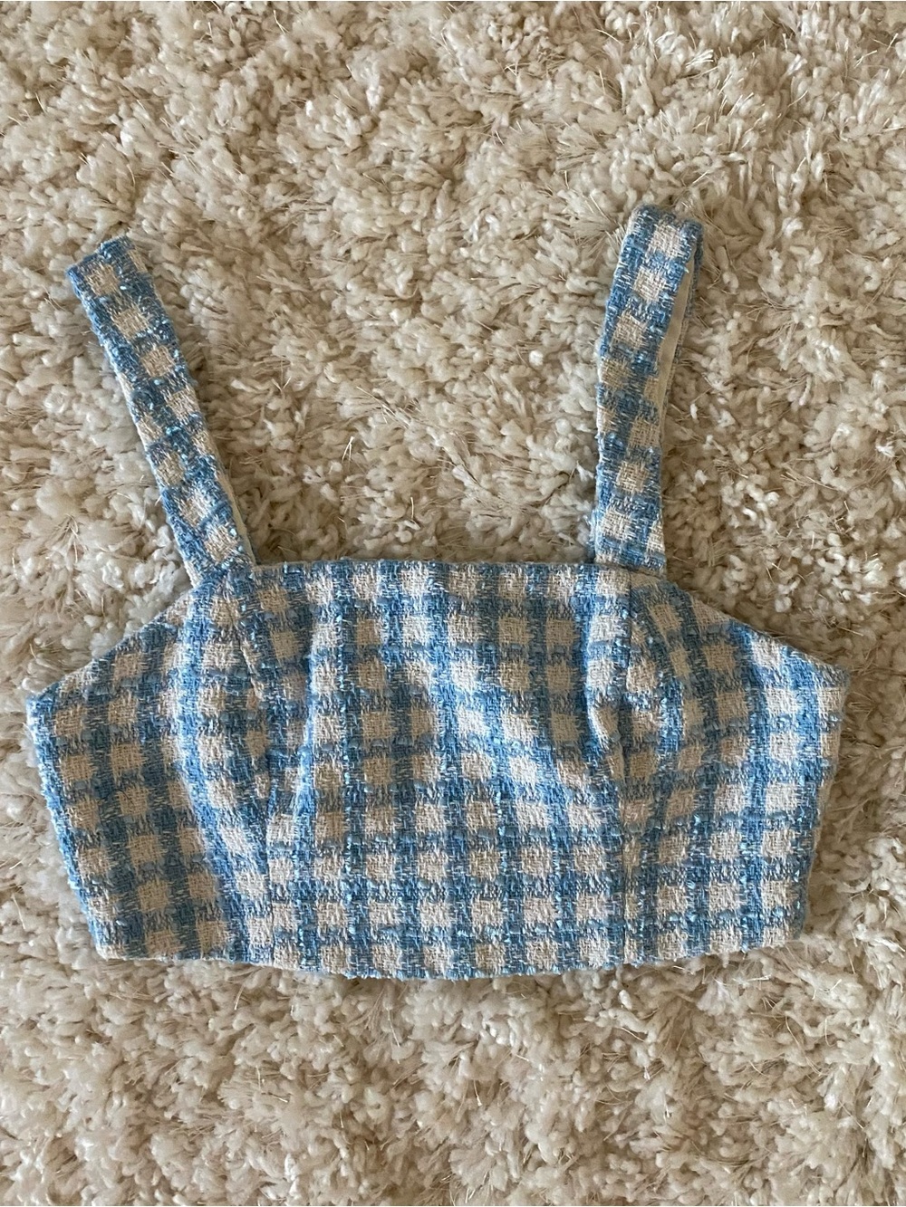 Amable Blue and Cream Gingham Tweed Crop Top